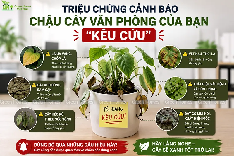 Triệu chứng cảnh báo chậu cây xanh văn phòng đang kêu cứu _Green Homes