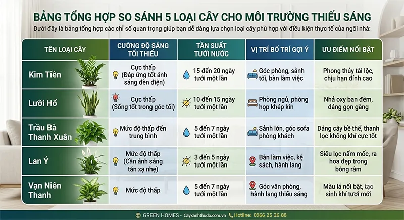 Bảng tổng hợp so sánh 5 loại cây cho trường thiếu ánh sáng