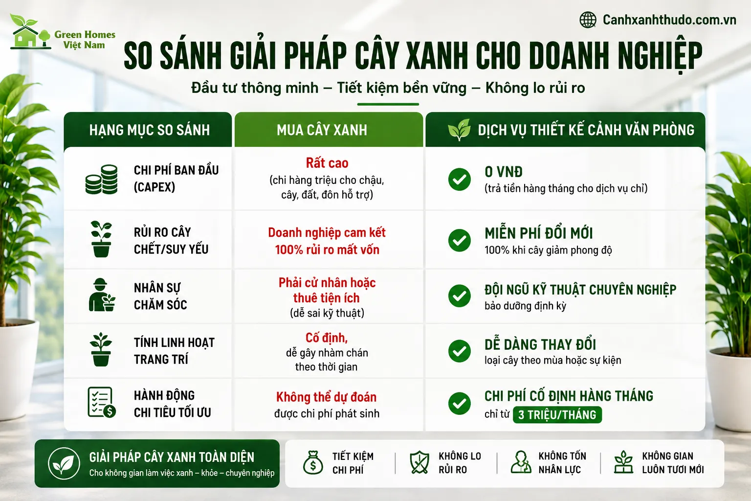 So sánh giải pháp thuê cây văn phòng thay vì mua đứt