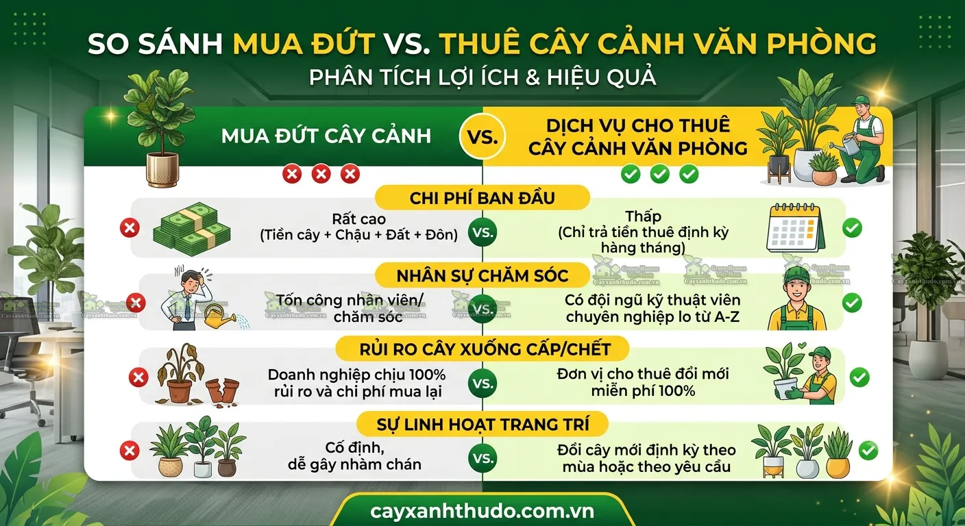 Bảng so sánh mua đứt và thuê cây cảnh văn phòng từ 1 năm trở lên